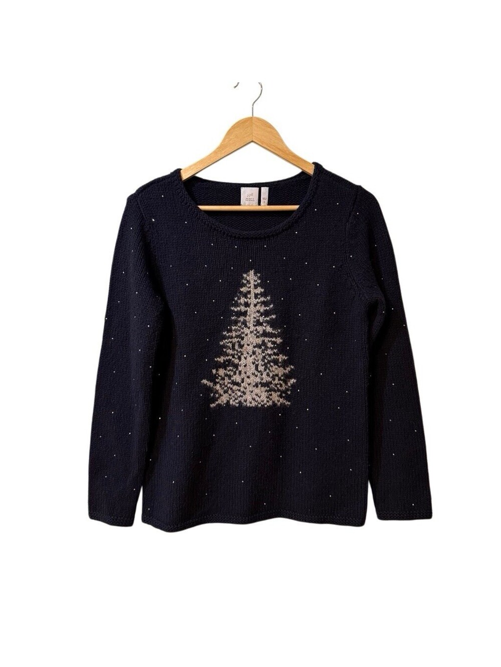 J Jill Holiday Christmas Tree Knit Pullover Sweater Navy Blue Wool Blend Size S